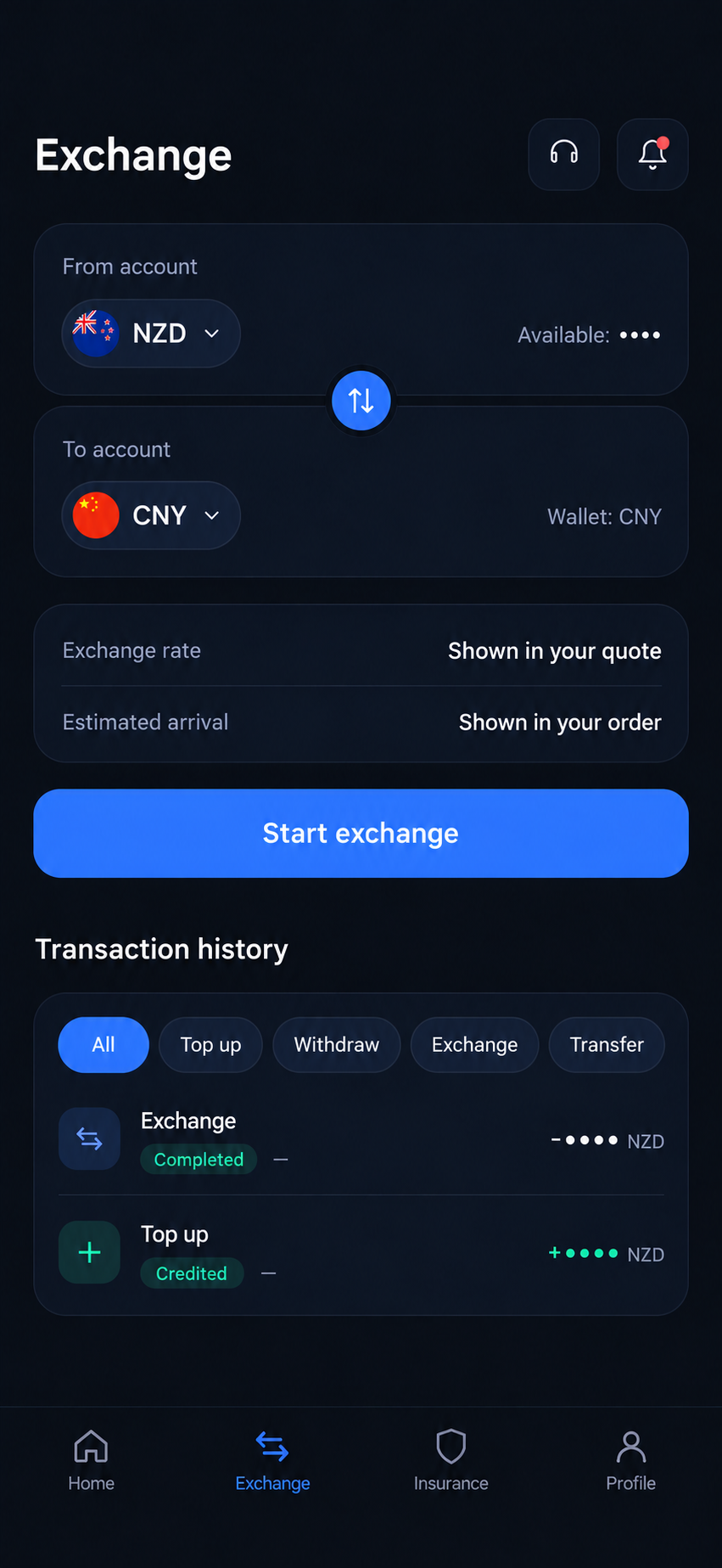 GEX One exchange screen showing NZD and CNY